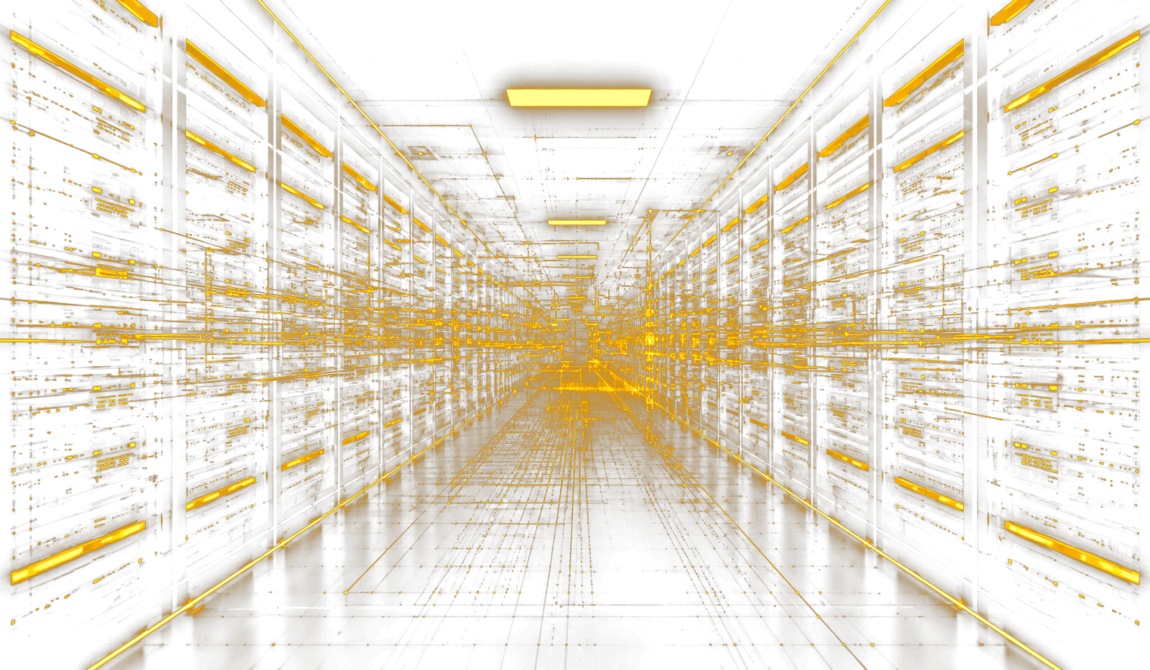 Golden network server corridor representing secure enterprise infrastructure and high-performance network systems